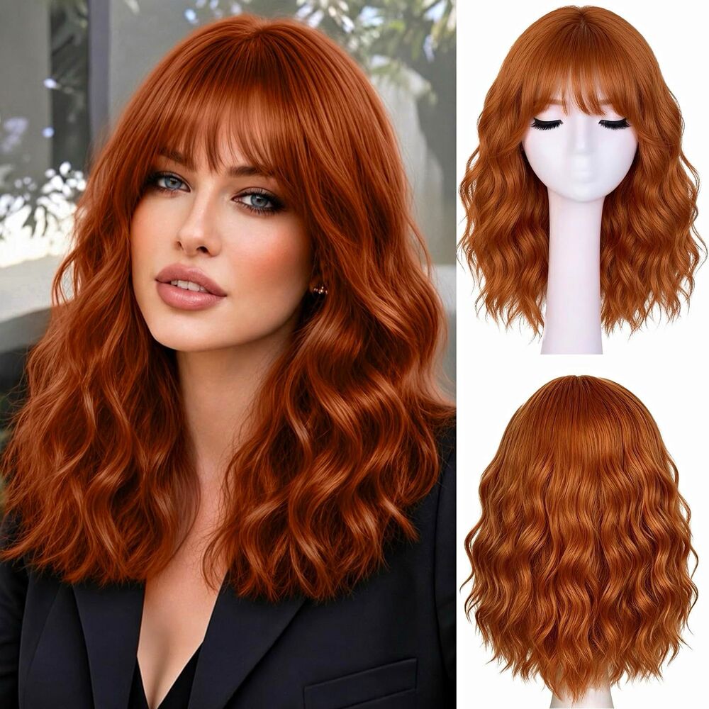 Lace Front Wavy Redhead Wig with Bangs 16 in Synthetic Heat Resistant Women